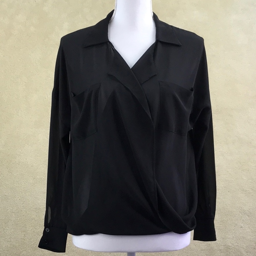 ASTR Women Faux Wrap Sheer Long Sleeve Top Collar.Shirt Blouse Size XS